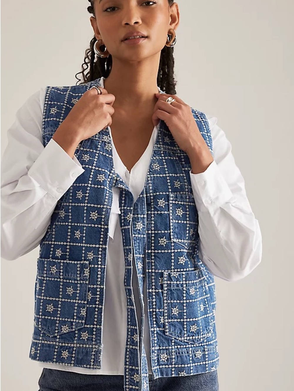 Damsom Madder Embroidered Tie-Front Denim Vest - Picture 3 of 8